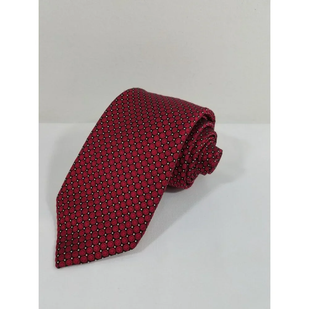 JZ Richards Mens Red Silk Tie Made In USA Geometric Circles in Squares